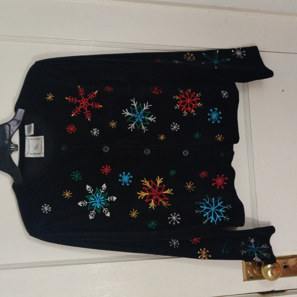 Michael Simon Lite Snowflake Winter Black Velveteen Cardigan Jacket, M